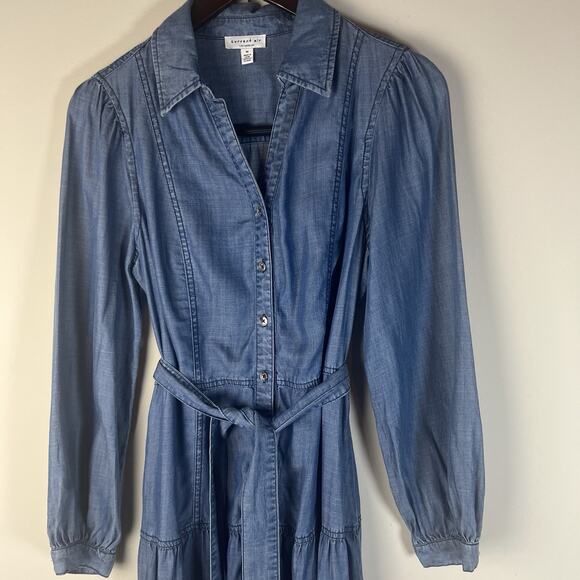 Current Air Anthropologie MIDI Dress Chambray Tired Collared Belted Boho M - Picture 3 of 10